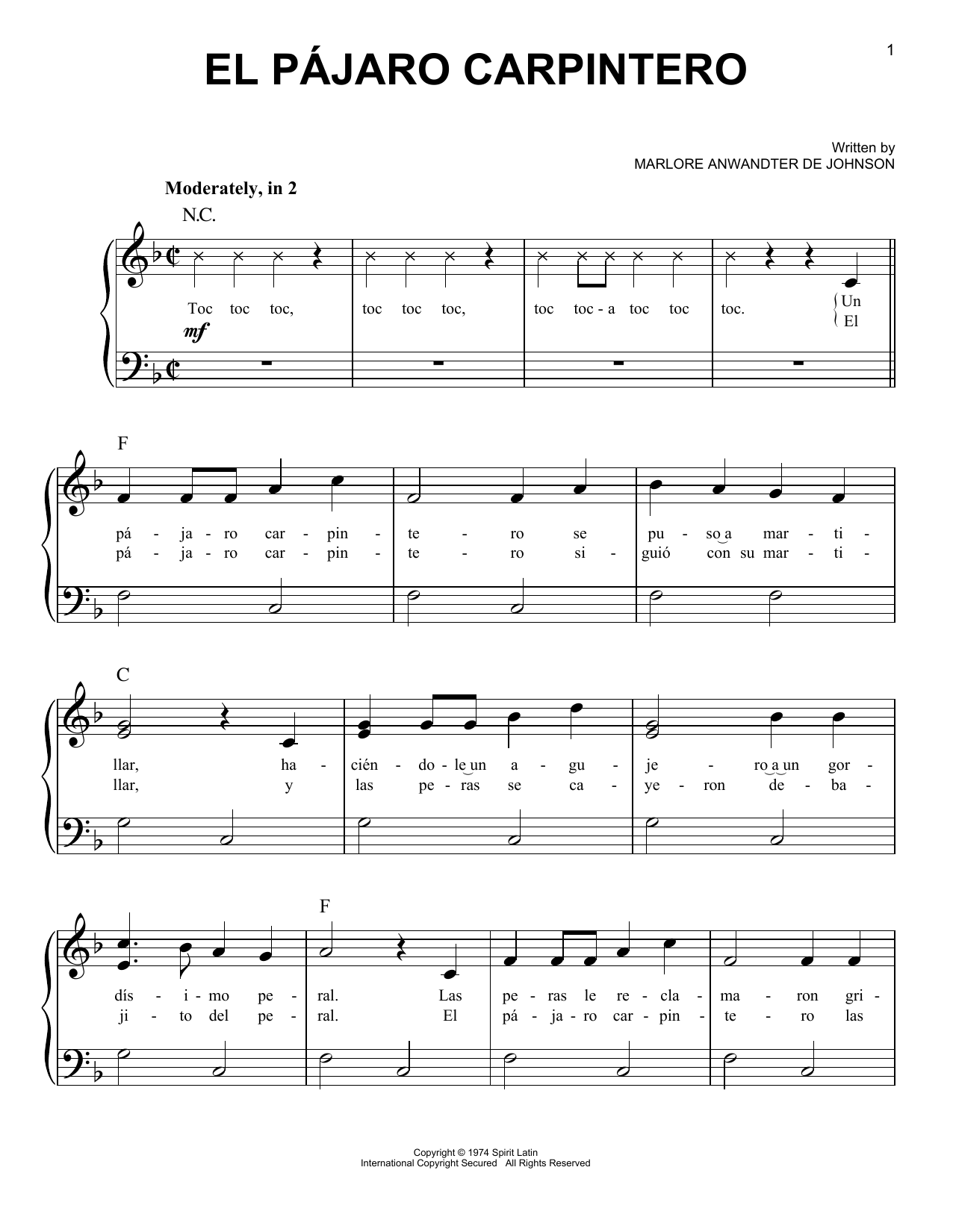 Marlore Anwandter de Johnson El Pajaro Carpintero Sheet Music Notes & Chords for Easy Piano - Download or Print PDF
