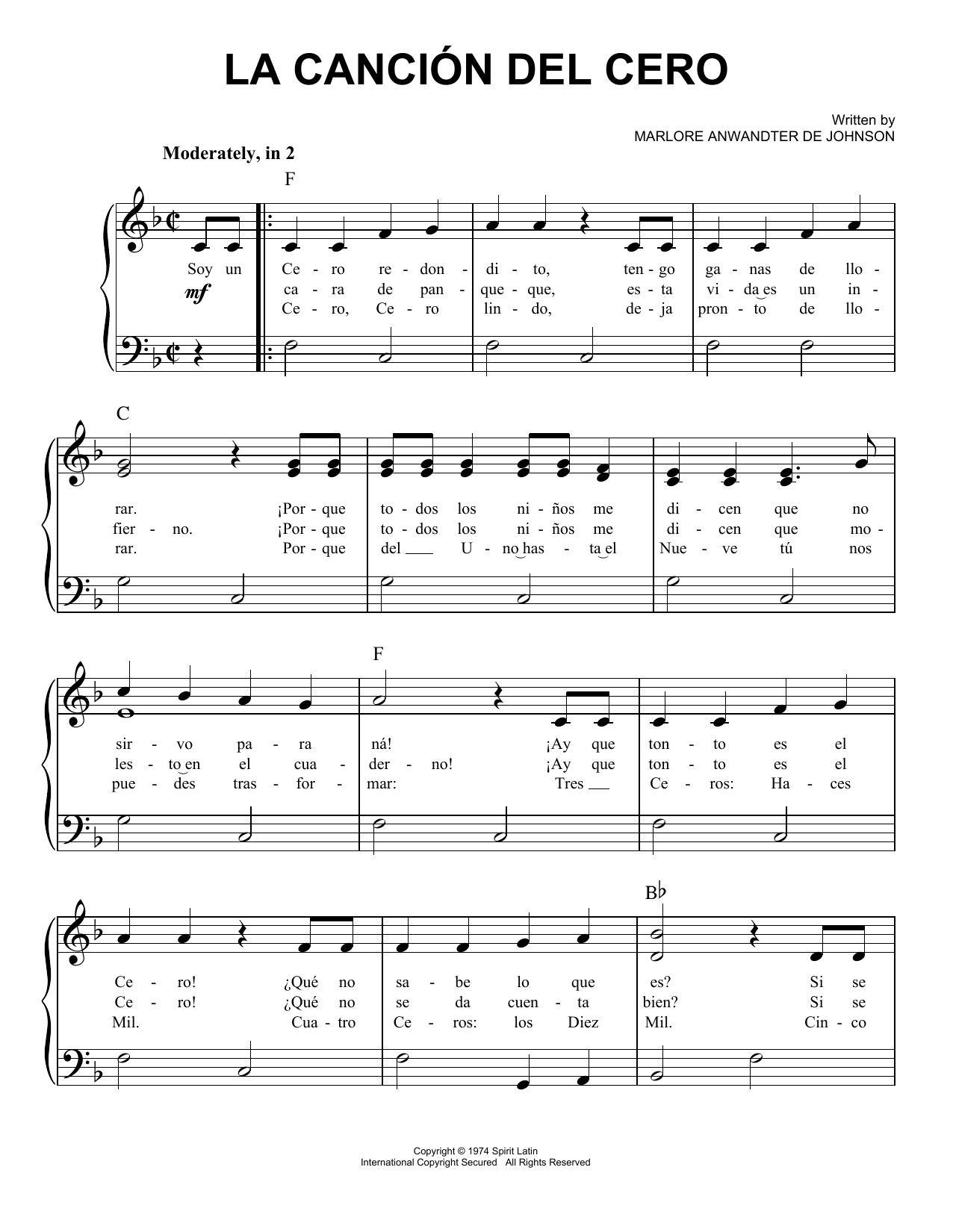 Marlore Anwandter de Johnson La Cancion Del Cero Sheet Music Notes & Chords for Easy Piano - Download or Print PDF