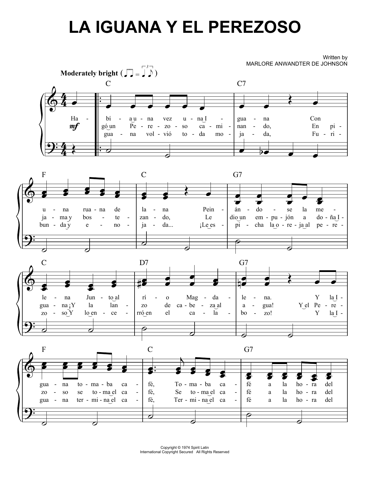 Marlore Anwandter de Johnson La Iguana Y El Perezoso Sheet Music Notes & Chords for Easy Piano - Download or Print PDF
