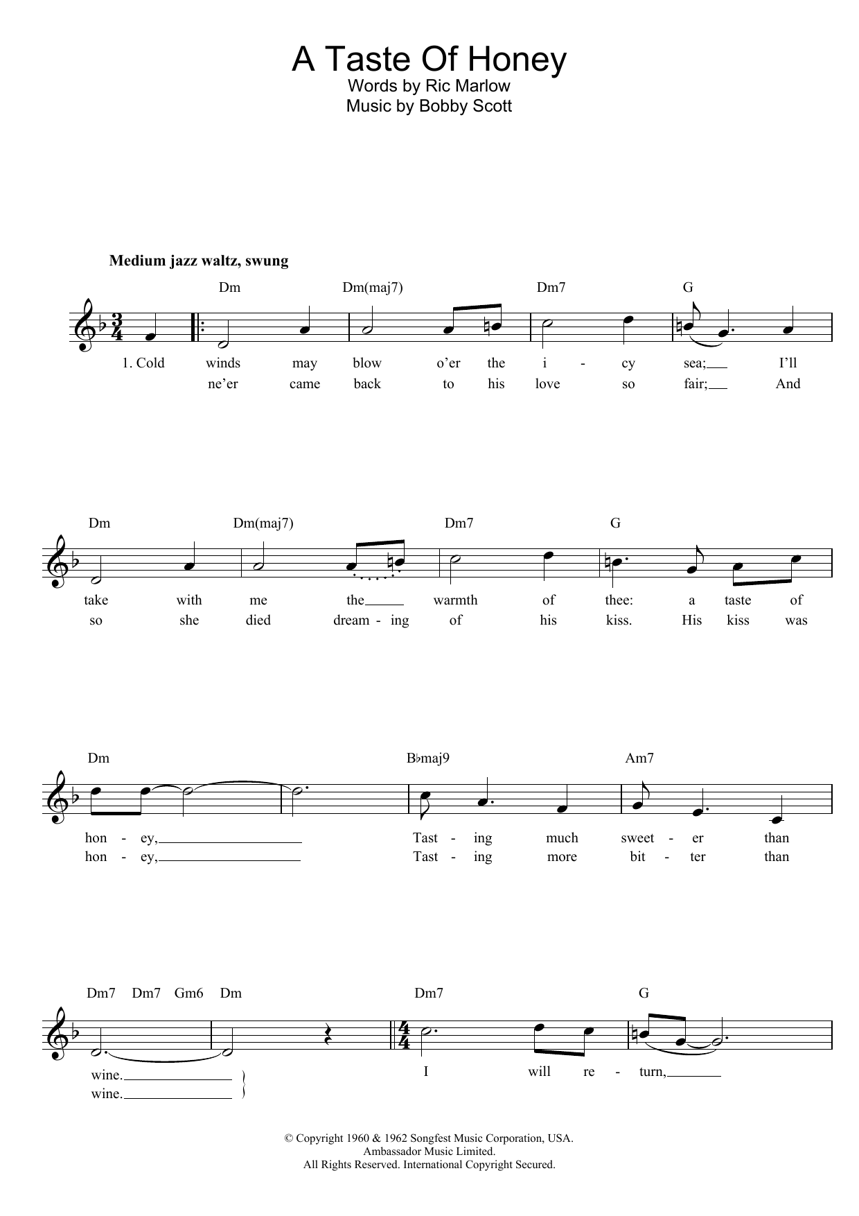 Marlow And Scott A Taste Of Honey Sheet Music Notes & Chords for Melody Line, Lyrics & Chords - Download or Print PDF