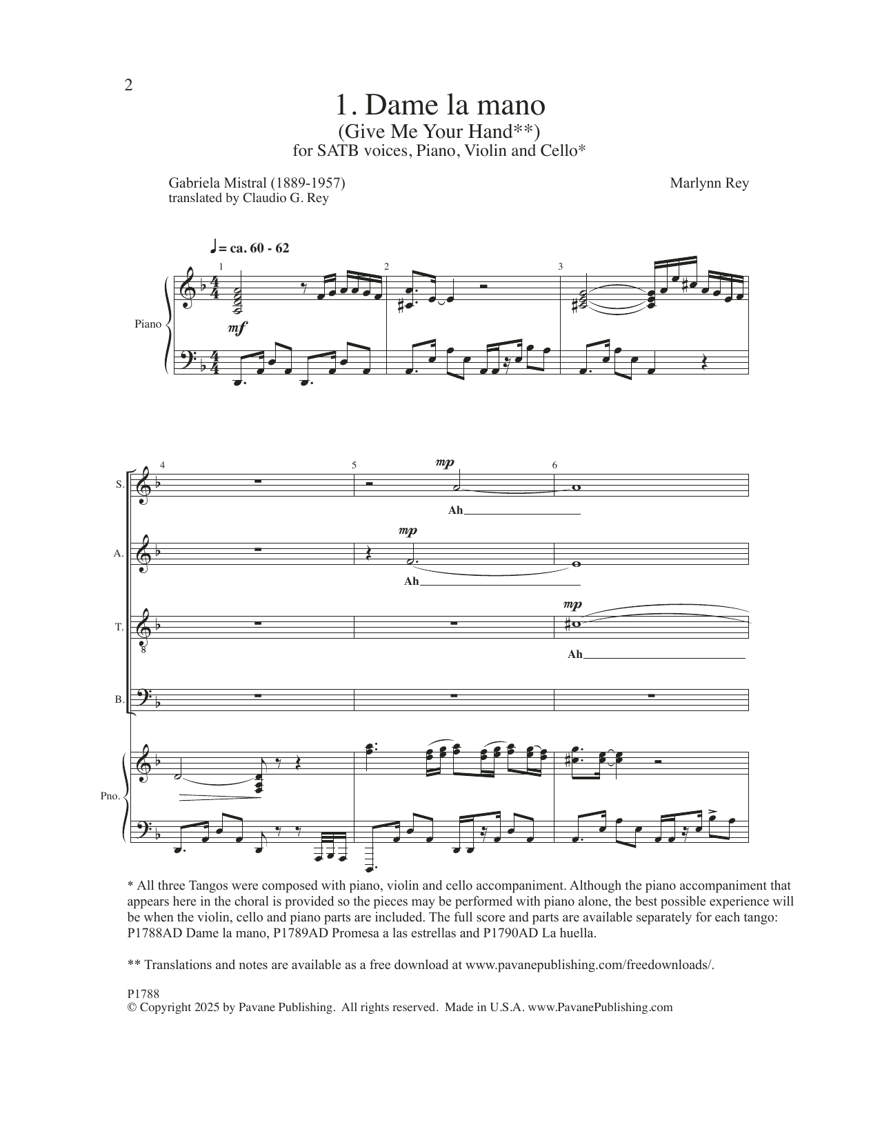 Marlynn Rey Three Tangos - 1. Dame La Mano Sheet Music Notes & Chords for SATB Choir - Download or Print PDF