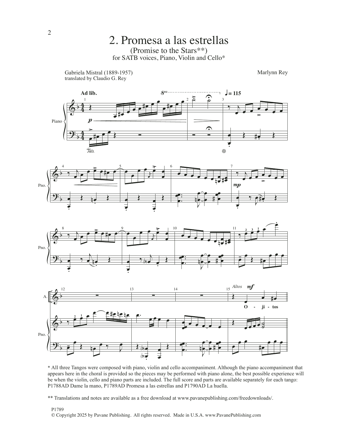 Marlynn Rey Three Tangos - 2. Promesa A Las Estrellas Sheet Music Notes & Chords for SATB Choir - Download or Print PDF