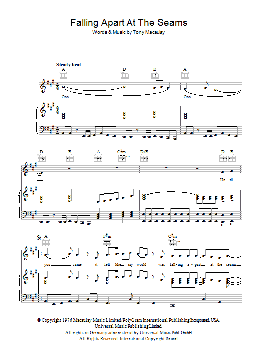 Marmalade Falling Apart At The Seams Sheet Music Notes & Chords for Piano, Vocal & Guitar (Right-Hand Melody) - Download or Print PDF