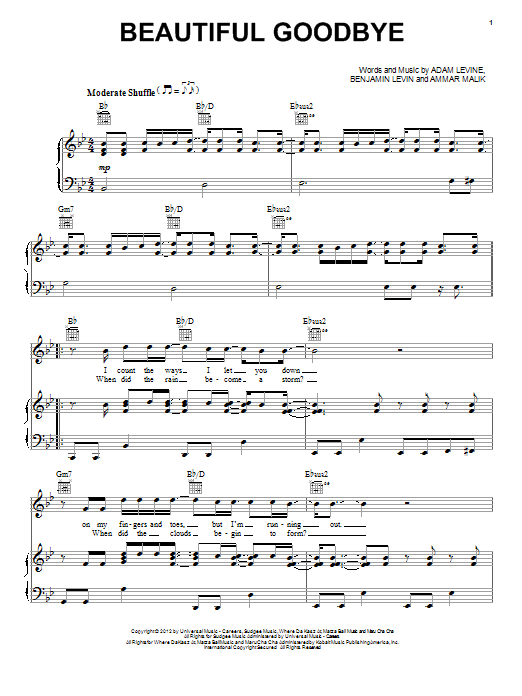 Maroon 5 Beautiful Goodbye Sheet Music Notes & Chords for Piano, Vocal & Guitar (Right-Hand Melody) - Download or Print PDF