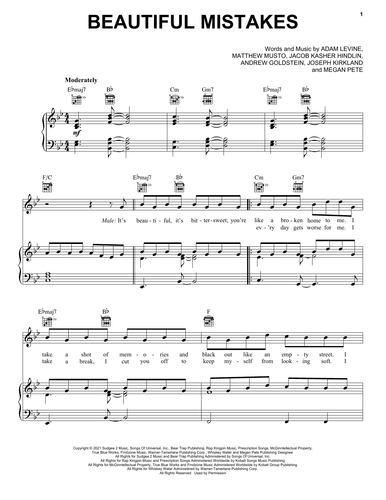 Maroon 5 Beautiful Mistakes (feat. Megan Thee Stallion) Sheet Music Notes & Chords for Piano, Vocal & Guitar (Right-Hand Melody) - Download or Print PDF