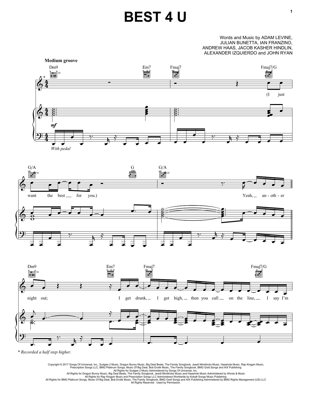 Maroon 5 Best 4 U Sheet Music Notes & Chords for Piano, Vocal & Guitar (Right-Hand Melody) - Download or Print PDF