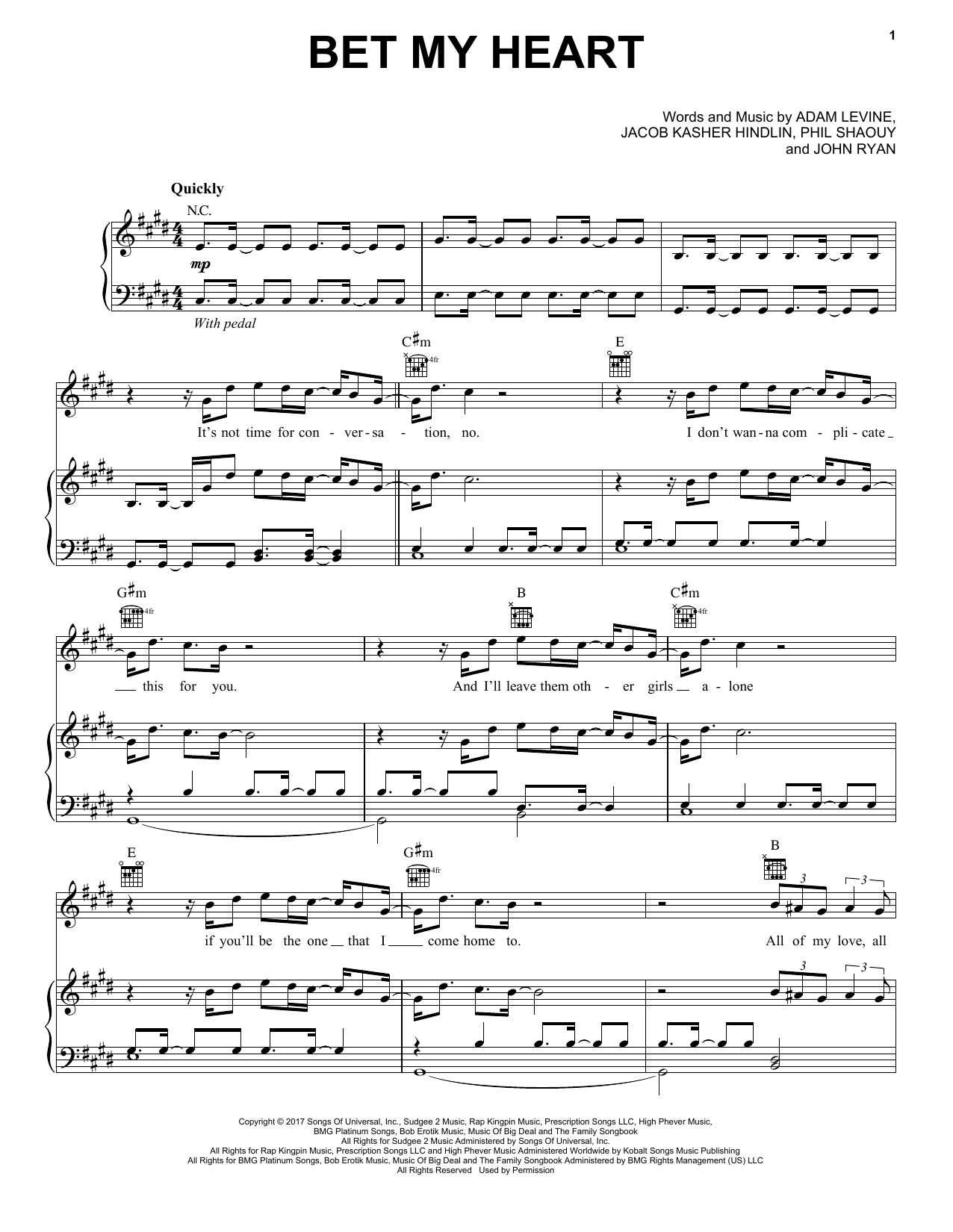 Maroon 5 Bet My Heart Sheet Music Notes & Chords for Piano, Vocal & Guitar (Right-Hand Melody) - Download or Print PDF