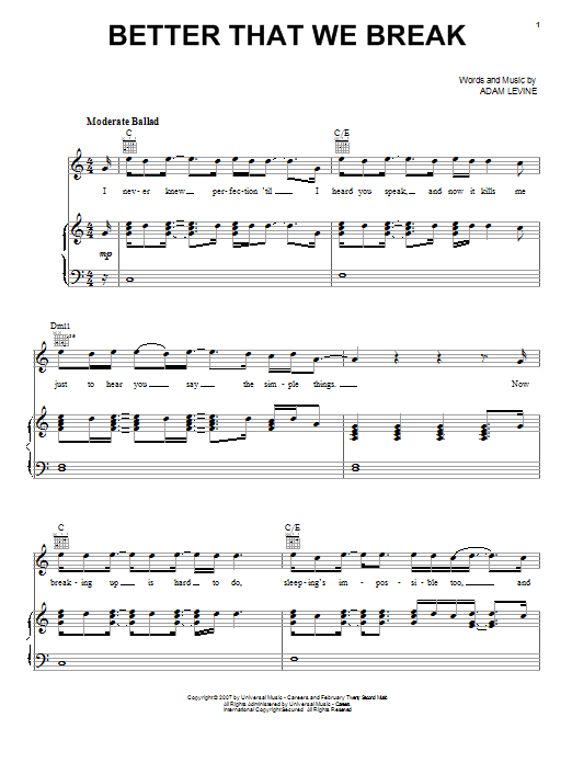 Maroon 5 Better That We Break Sheet Music Notes & Chords for Piano, Vocal & Guitar (Right-Hand Melody) - Download or Print PDF