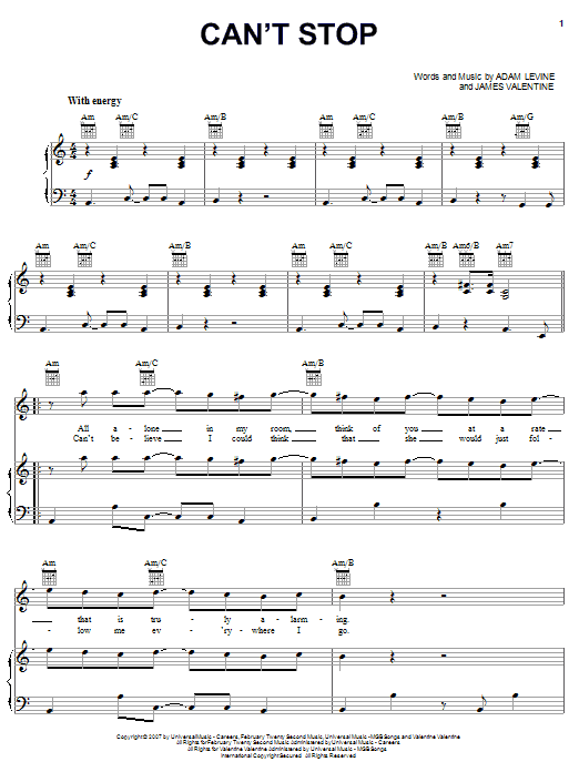 Maroon 5 Can't Stop Sheet Music Notes & Chords for Piano, Vocal & Guitar (Right-Hand Melody) - Download or Print PDF