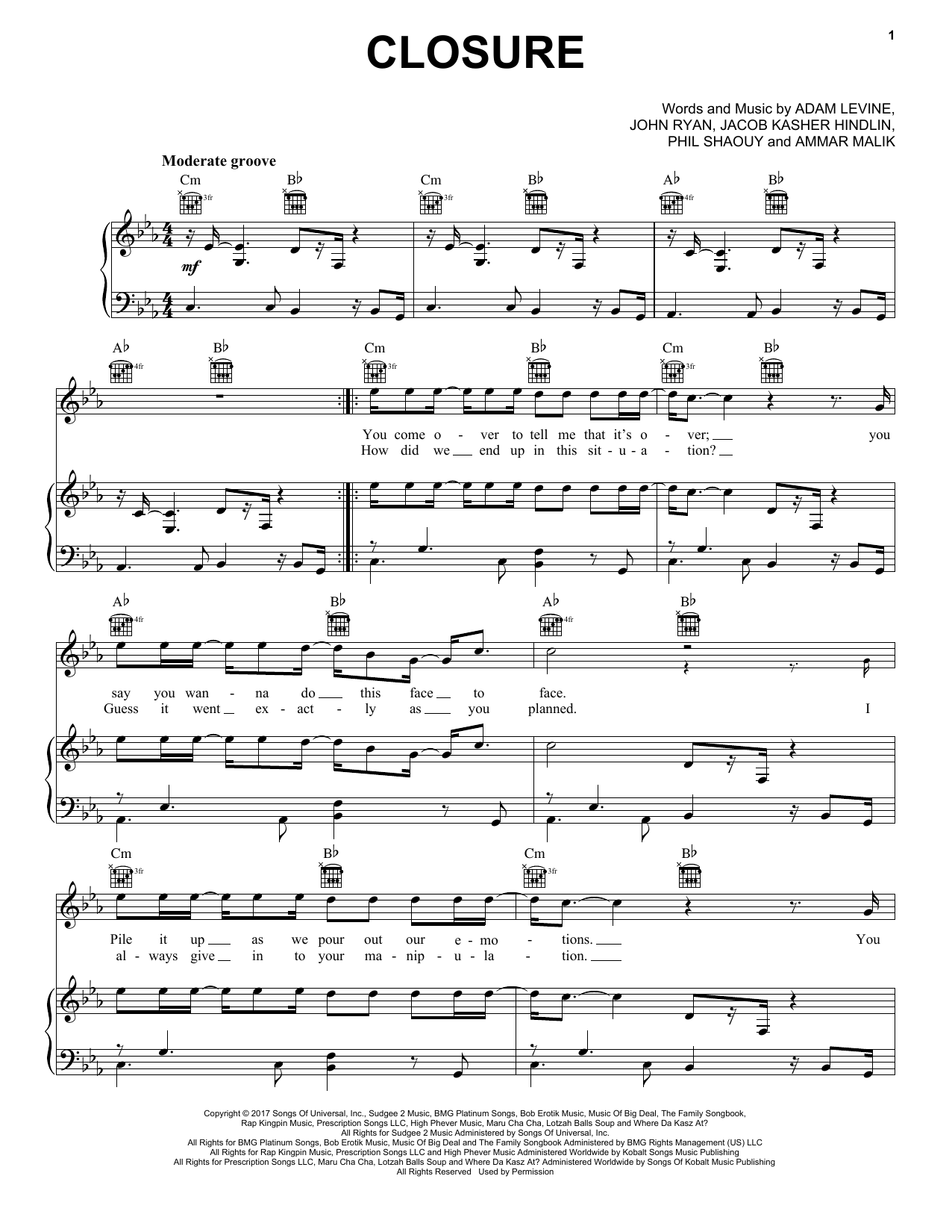 Maroon 5 Closure Sheet Music Notes & Chords for Piano, Vocal & Guitar (Right-Hand Melody) - Download or Print PDF