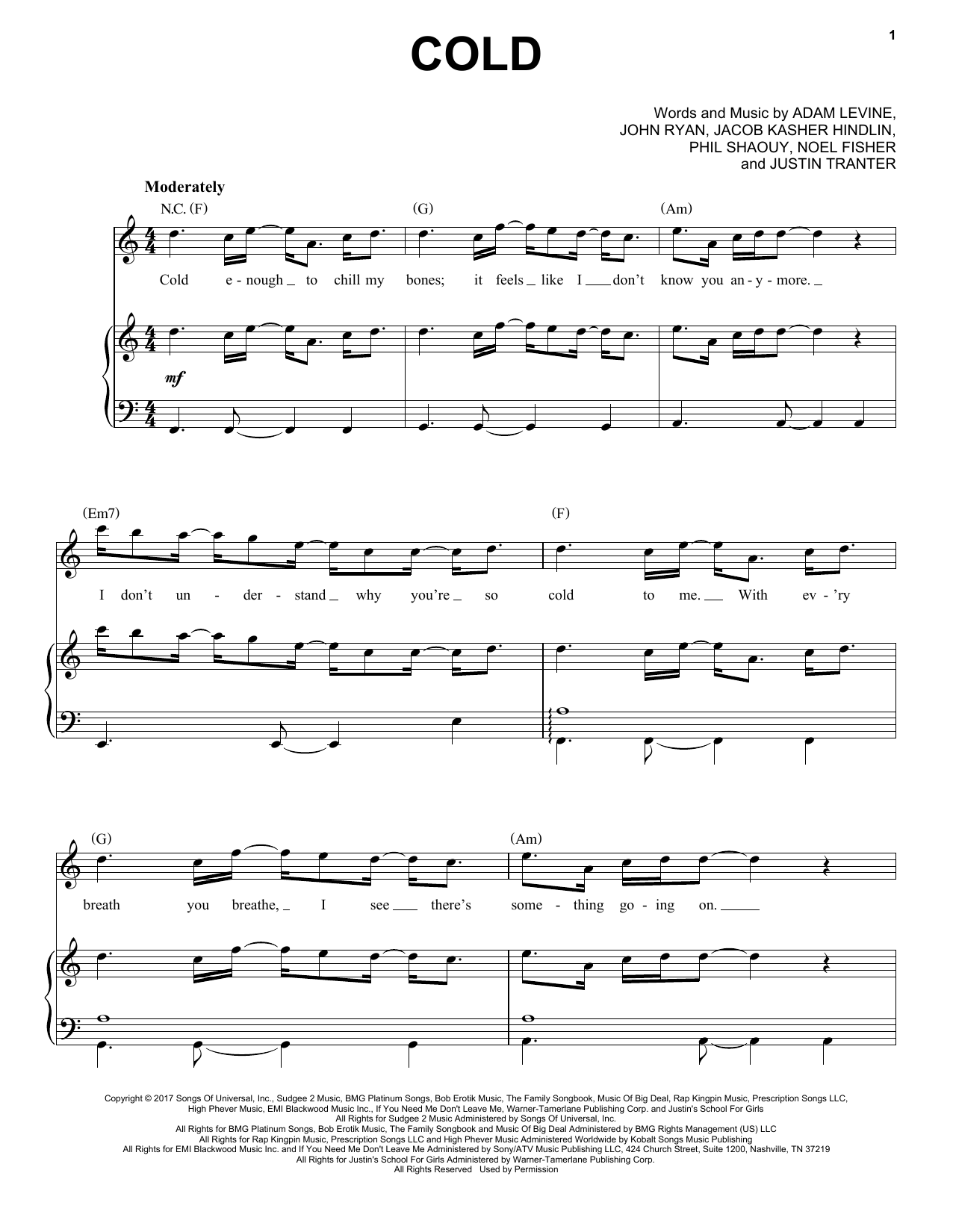 Maroon 5 Cold Sheet Music Notes & Chords for Piano, Vocal & Guitar (Right-Hand Melody) - Download or Print PDF