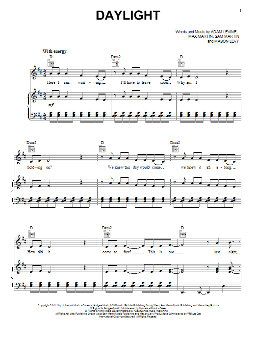 Maroon 5 Daylight Sheet Music Notes & Chords for Lyrics & Chords - Download or Print PDF