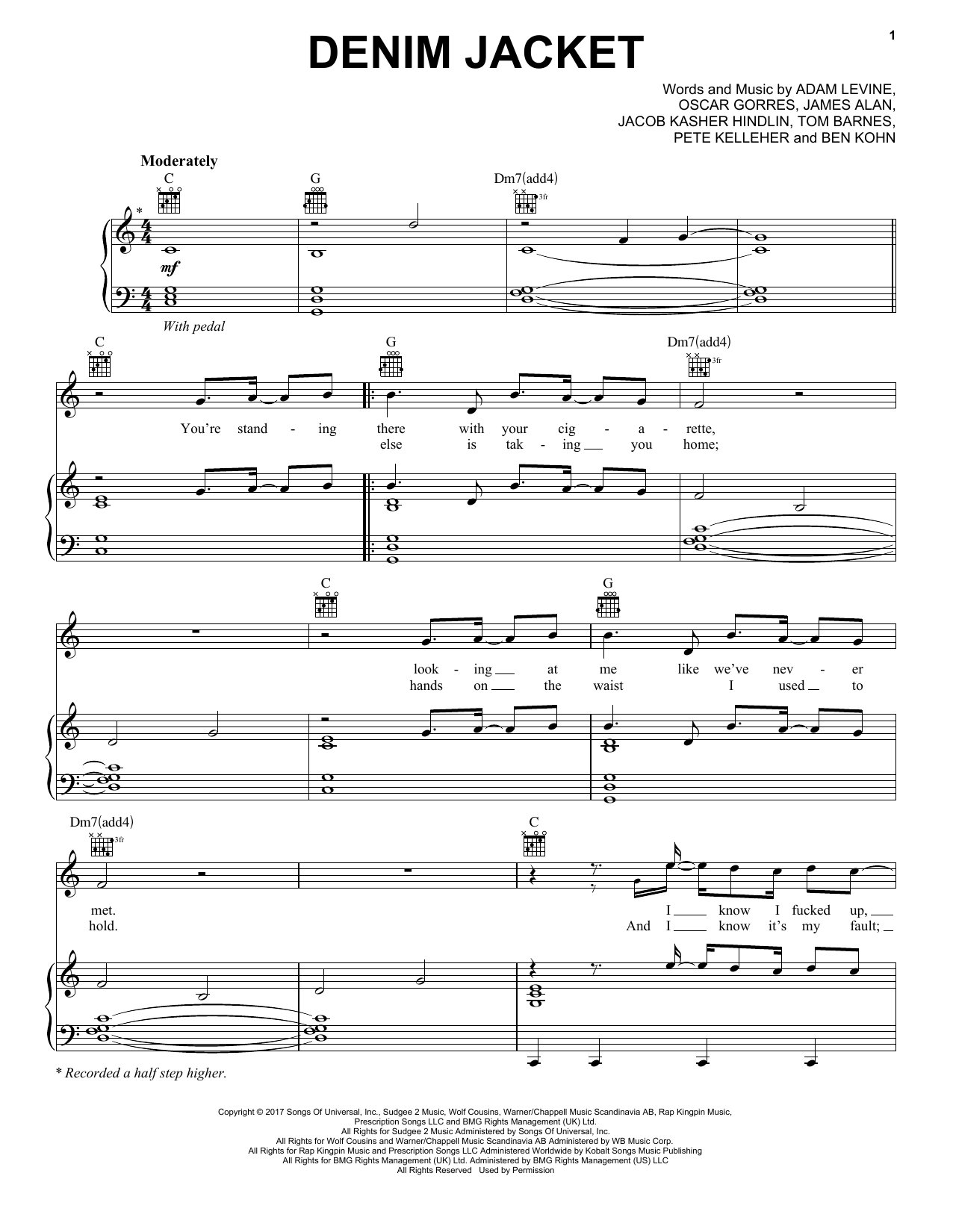 Maroon 5 Denim Jacket Sheet Music Notes & Chords for Piano, Vocal & Guitar (Right-Hand Melody) - Download or Print PDF