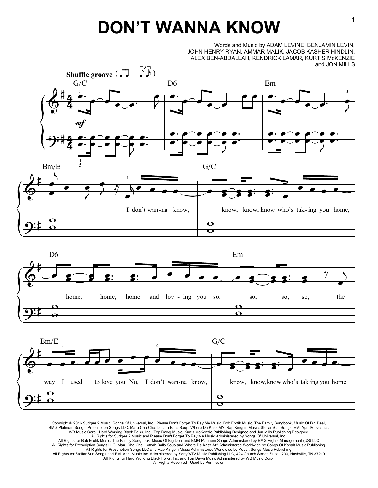 Maroon 5 Don't Wanna Know (feat. Kendrick Lamar) Sheet Music Notes & Chords for Easy Piano - Download or Print PDF