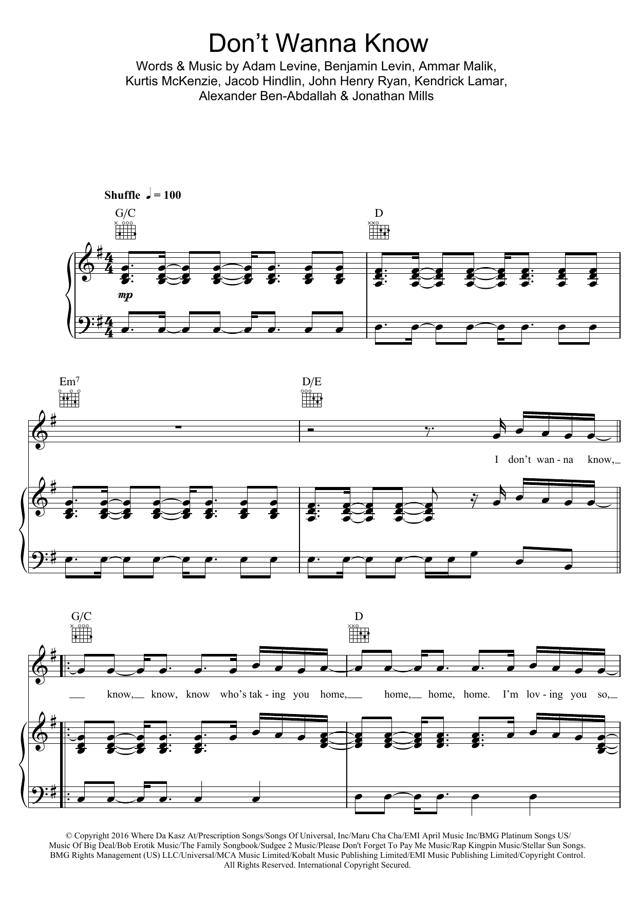Maroon 5 Don't Wanna Know Sheet Music Notes & Chords for Piano, Vocal & Guitar (Right-Hand Melody) - Download or Print PDF