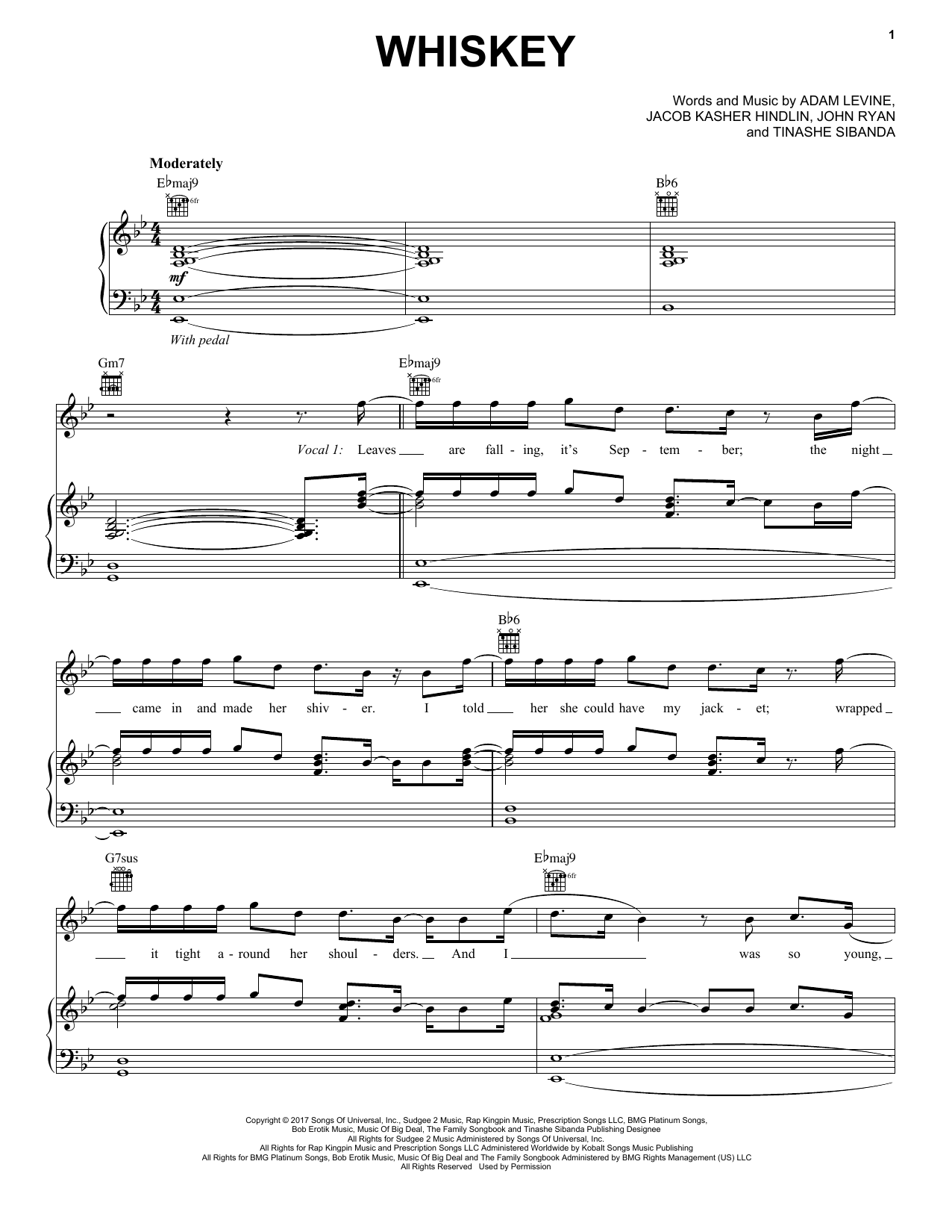 Maroon 5 feat. A$AP Rocky Whiskey Sheet Music Notes & Chords for Piano, Vocal & Guitar (Right-Hand Melody) - Download or Print PDF