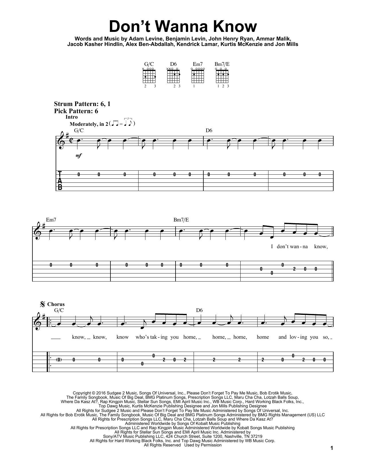 Maroon 5 feat. Kendrick Lamar Don't Wanna Know Sheet Music Notes & Chords for Easy Piano - Download or Print PDF