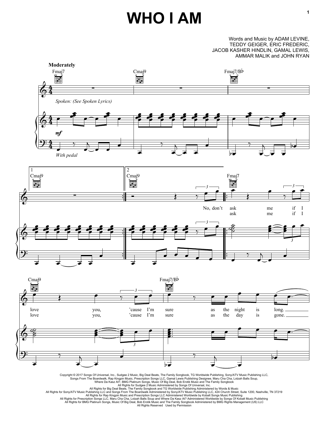 Maroon 5 feat. LunchMoney Lewis Who I Am Sheet Music Notes & Chords for Piano, Vocal & Guitar (Right-Hand Melody) - Download or Print PDF