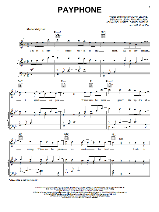 Maroon 5 featuring Wiz Khalifa Payphone Sheet Music Notes & Chords for Piano, Vocal & Guitar (Right-Hand Melody) - Download or Print PDF