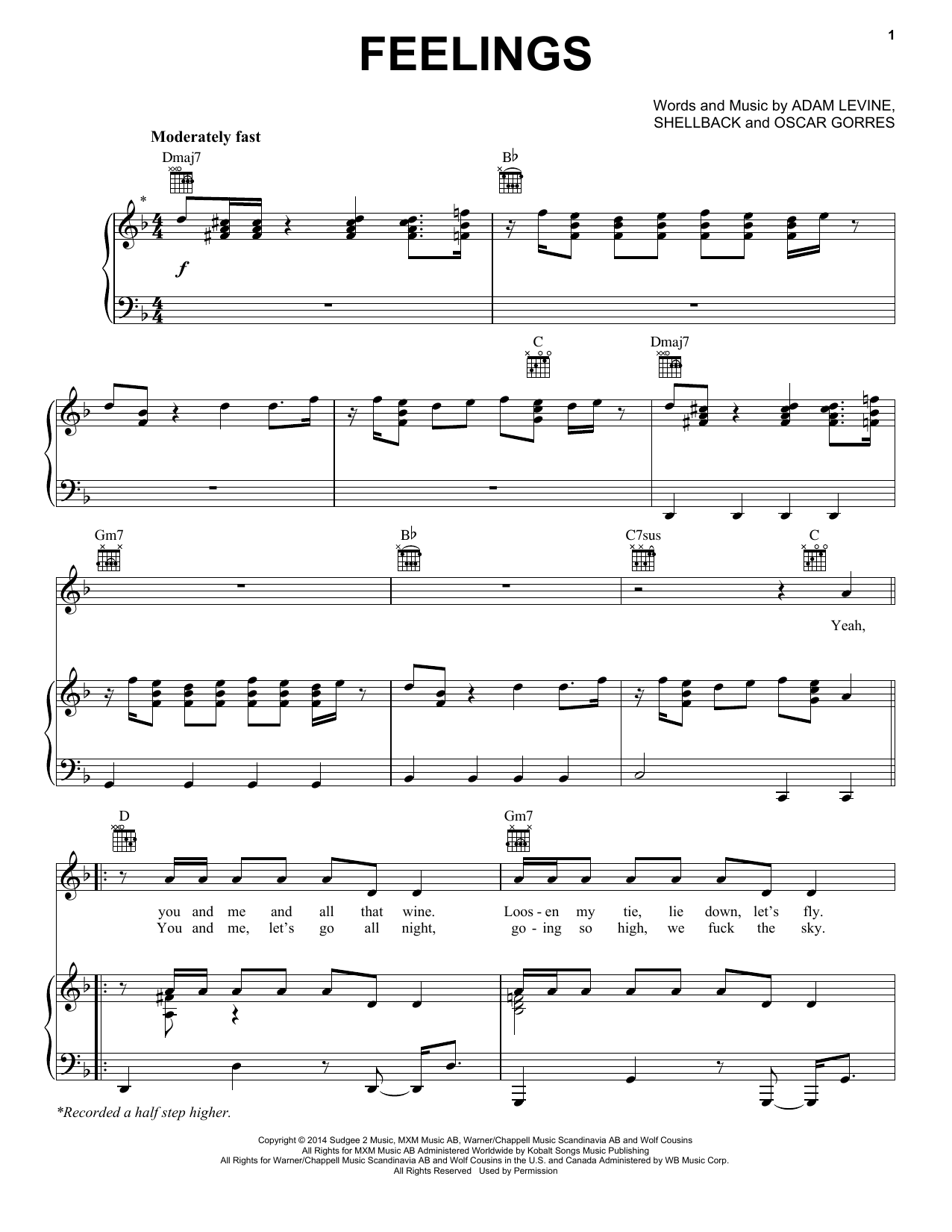 Maroon 5 Feelings Sheet Music Notes & Chords for Piano, Vocal & Guitar (Right-Hand Melody) - Download or Print PDF