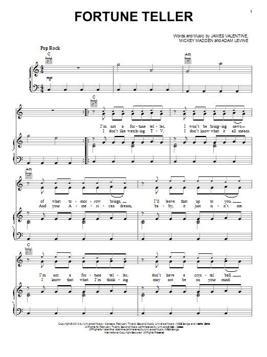 Maroon 5 Fortune Teller Sheet Music Notes & Chords for Piano, Vocal & Guitar (Right-Hand Melody) - Download or Print PDF