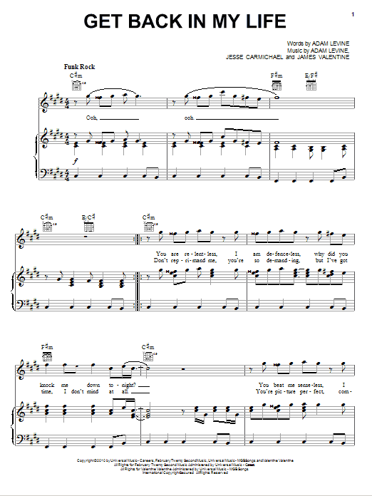 Maroon 5 Get Back In My Life Sheet Music Notes & Chords for Piano, Vocal & Guitar (Right-Hand Melody) - Download or Print PDF