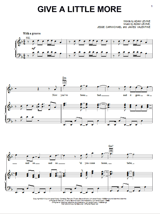 Maroon 5 Give A Little More Sheet Music Notes & Chords for Piano, Vocal & Guitar (Right-Hand Melody) - Download or Print PDF