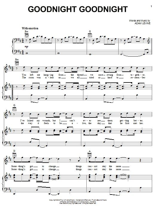 Maroon 5 Goodnight Goodnight Sheet Music Notes & Chords for Piano, Vocal & Guitar (Right-Hand Melody) - Download or Print PDF