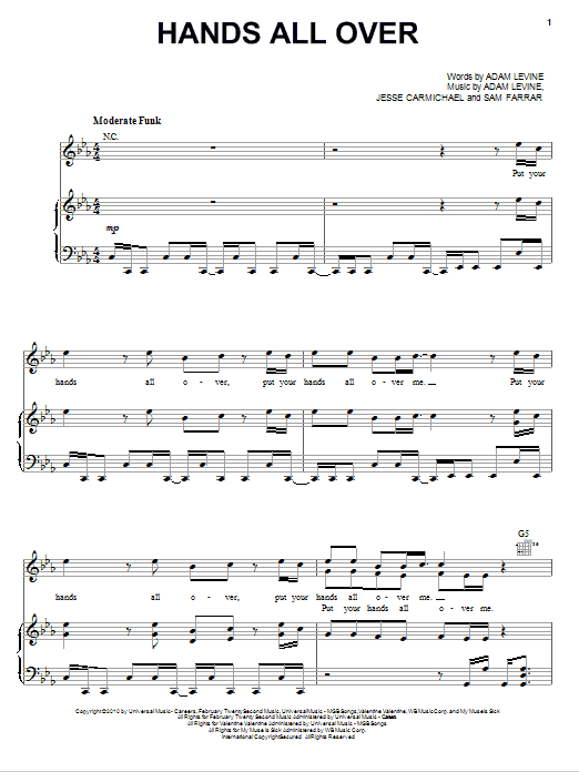 Maroon 5 Hands All Over Sheet Music Notes & Chords for Piano, Vocal & Guitar (Right-Hand Melody) - Download or Print PDF
