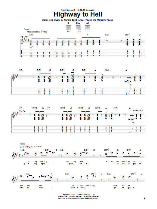 Maroon 5 Highway To Hell Sheet Music Notes & Chords for Guitar Tab - Download or Print PDF