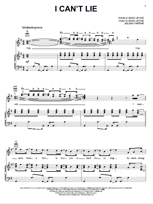 Maroon 5 I Can't Lie Sheet Music Notes & Chords for Piano, Vocal & Guitar (Right-Hand Melody) - Download or Print PDF