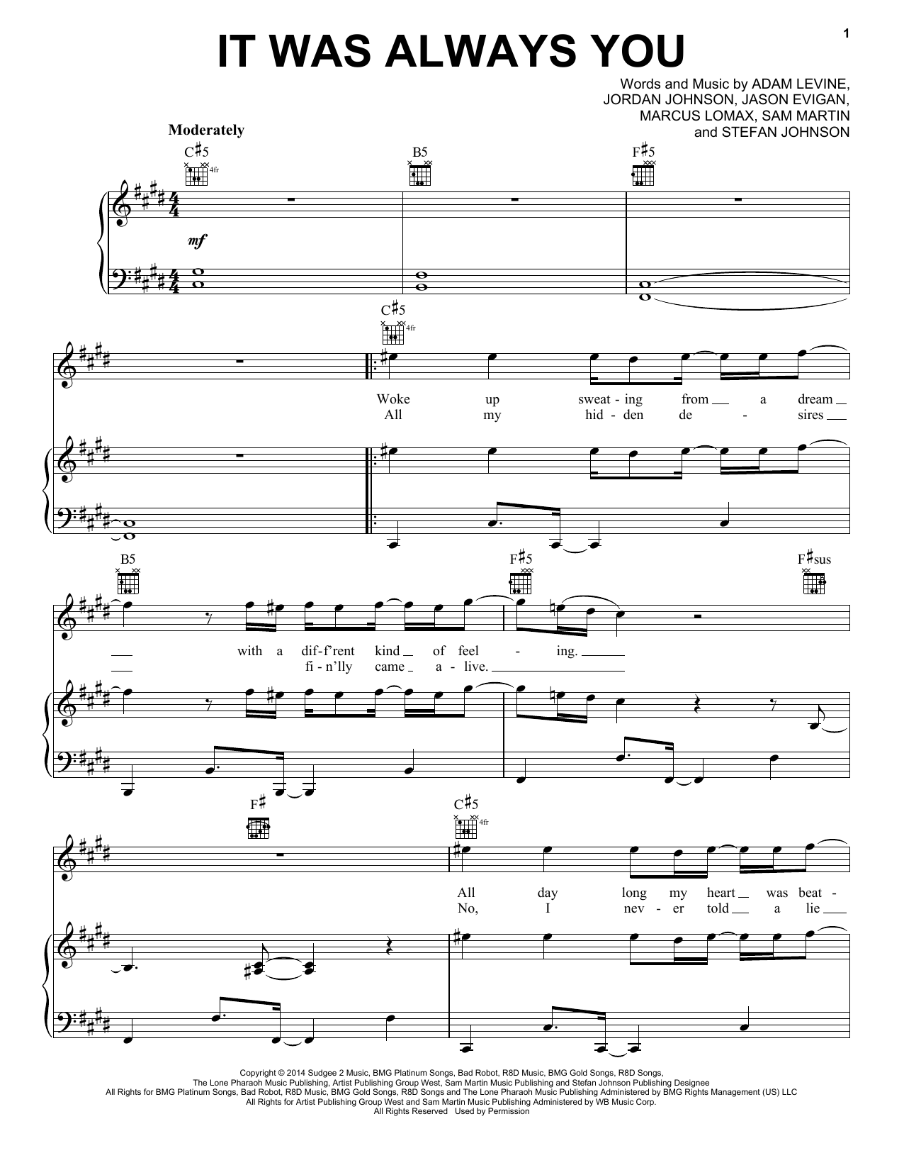 Maroon 5 It Was Always You Sheet Music Notes & Chords for Piano, Vocal & Guitar (Right-Hand Melody) - Download or Print PDF