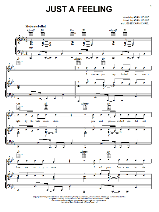 Maroon 5 Just A Feeling Sheet Music Notes & Chords for Piano, Vocal & Guitar (Right-Hand Melody) - Download or Print PDF