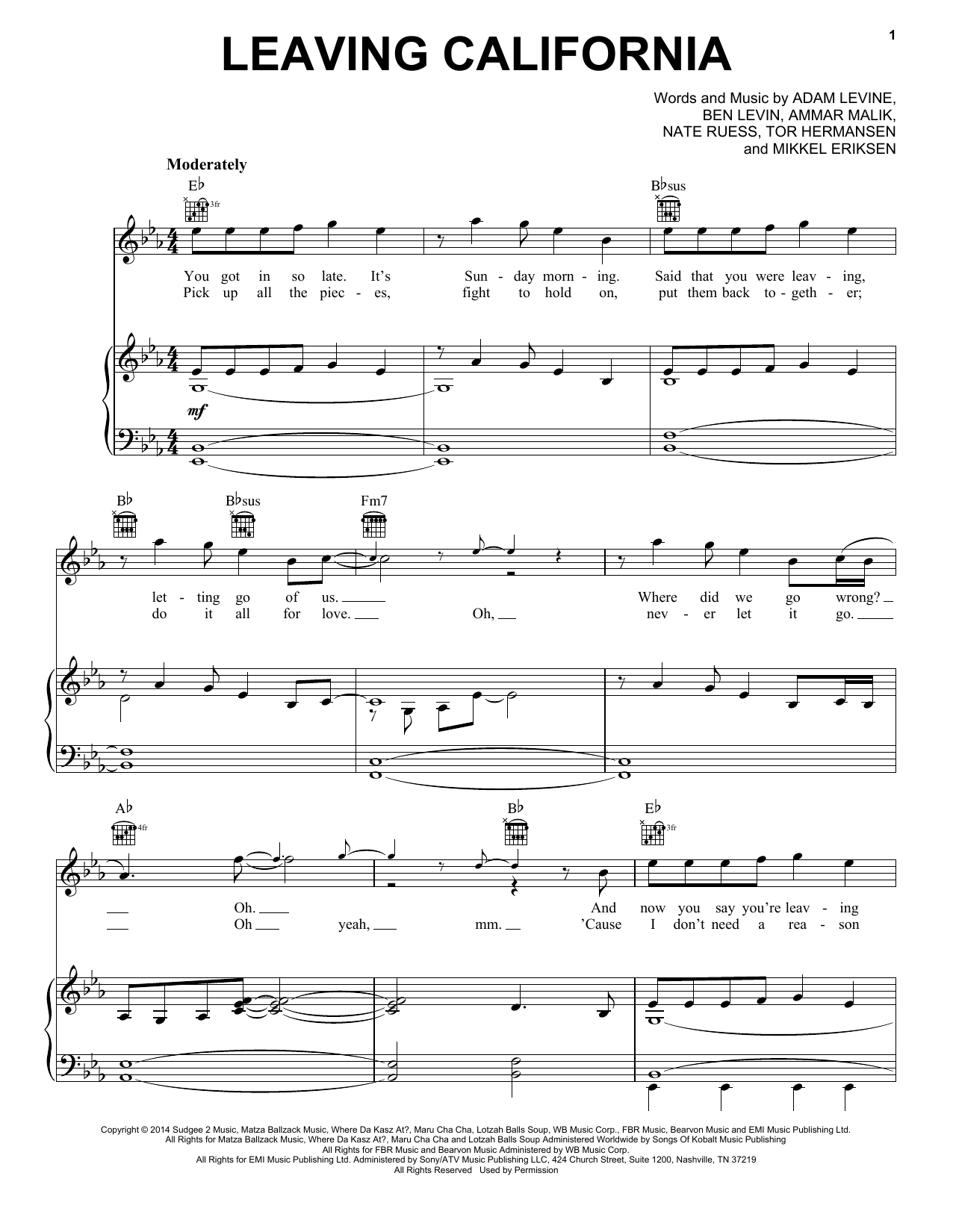 Maroon 5 Leaving California Sheet Music Notes & Chords for Piano, Vocal & Guitar (Right-Hand Melody) - Download or Print PDF