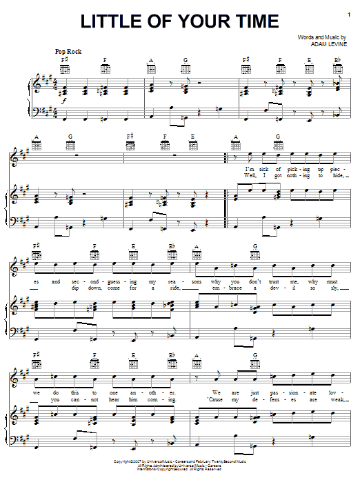 Maroon 5 Little Of Your Time Sheet Music Notes & Chords for Piano, Vocal & Guitar (Right-Hand Melody) - Download or Print PDF