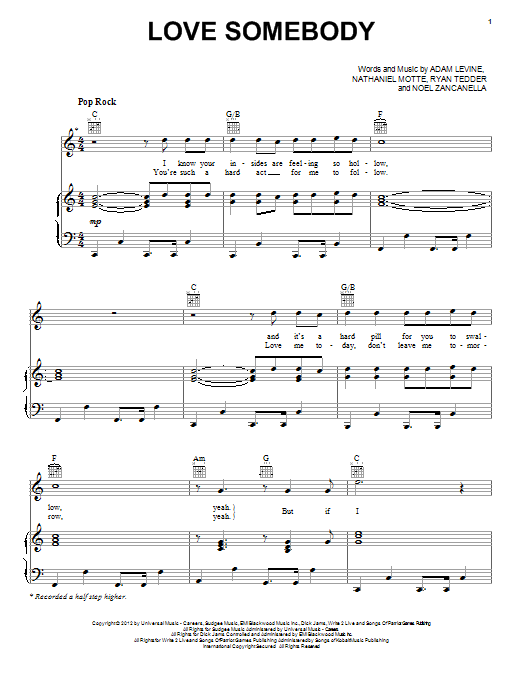 Maroon 5 Love Somebody Sheet Music Notes & Chords for Easy Guitar Tab - Download or Print PDF
