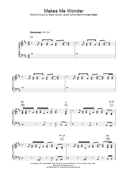 Maroon 5 Makes Me Wonder Sheet Music Notes & Chords for Piano, Vocal & Guitar (Right-Hand Melody) - Download or Print PDF