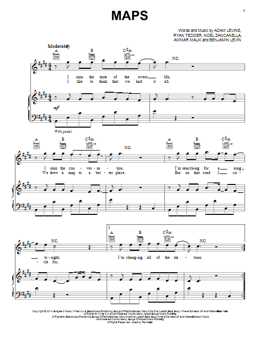Maroon 5 Maps Sheet Music Notes & Chords for Piano, Vocal & Guitar (Right-Hand Melody) - Download or Print PDF