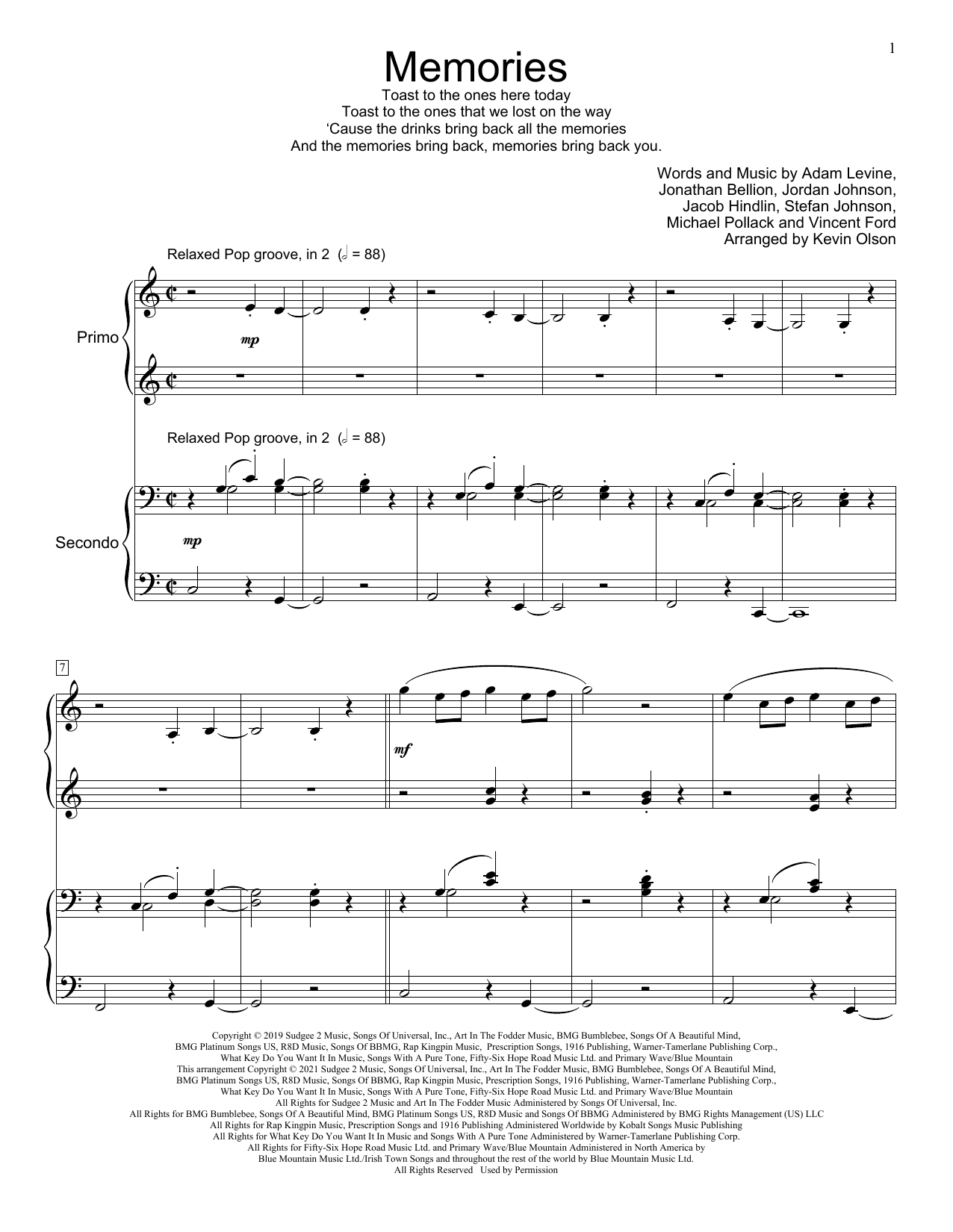 Maroon 5 Memories (arr. Kevin Olson) Sheet Music Notes & Chords for Piano Duet - Download or Print PDF