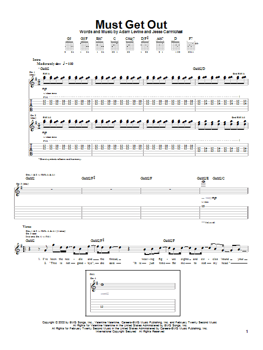 Maroon 5 Must Get Out Sheet Music Notes & Chords for Guitar Tab - Download or Print PDF