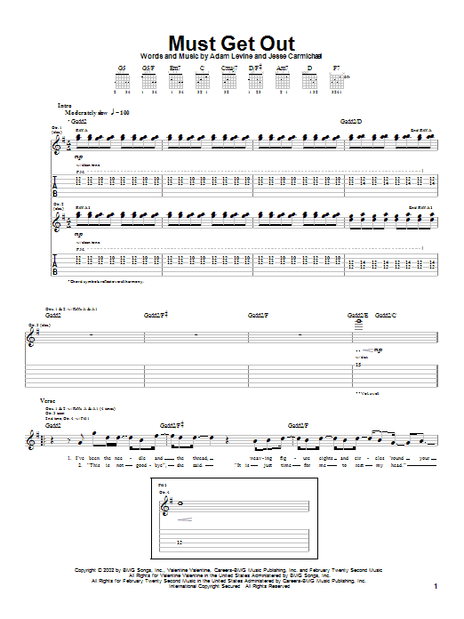 Maroon 5 Must Get Out Sheet Music Notes & Chords for Melody Line, Lyrics & Chords - Download or Print PDF