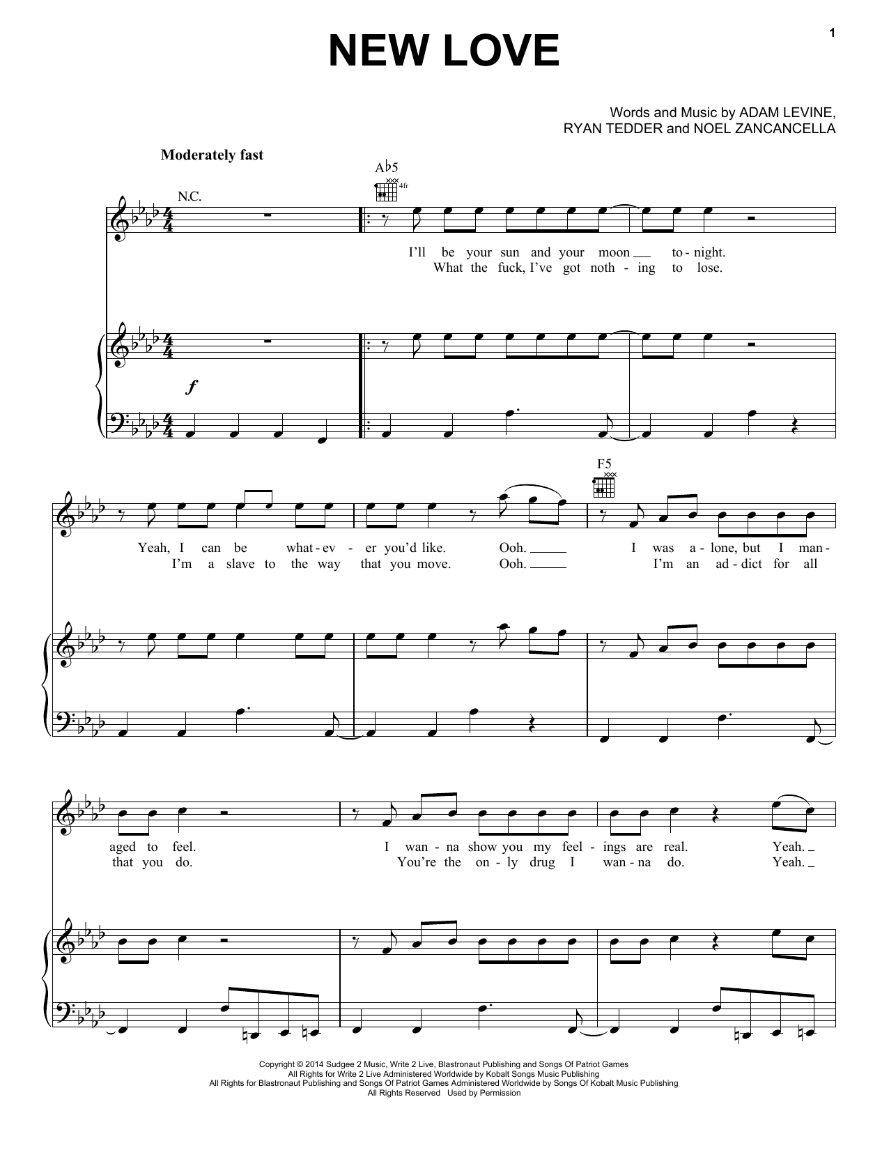 Maroon 5 New Love Sheet Music Notes & Chords for Piano, Vocal & Guitar (Right-Hand Melody) - Download or Print PDF