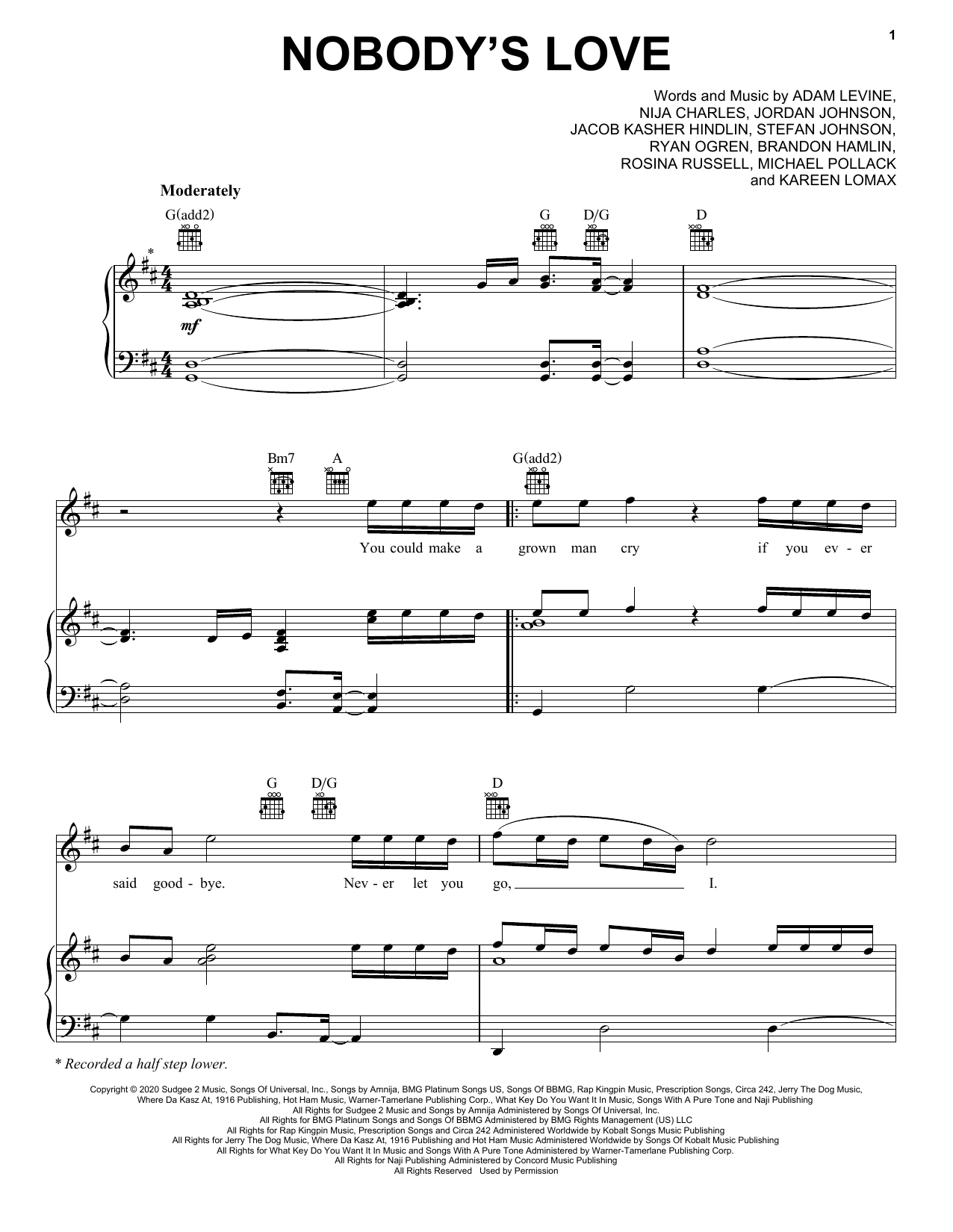 Maroon 5 Nobody's Love Sheet Music Notes & Chords for Piano, Vocal & Guitar (Right-Hand Melody) - Download or Print PDF