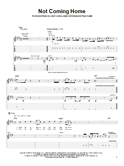 Maroon 5 Not Coming Home Sheet Music Notes & Chords for Guitar Tab - Download or Print PDF