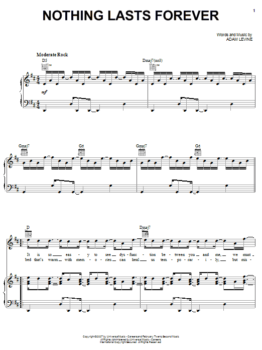 Maroon 5 Nothing Lasts Forever Sheet Music Notes & Chords for Piano, Vocal & Guitar (Right-Hand Melody) - Download or Print PDF