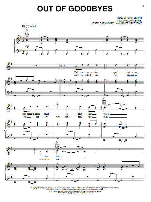 Maroon 5 Out Of Goodbyes Sheet Music Notes & Chords for Piano, Vocal & Guitar (Right-Hand Melody) - Download or Print PDF