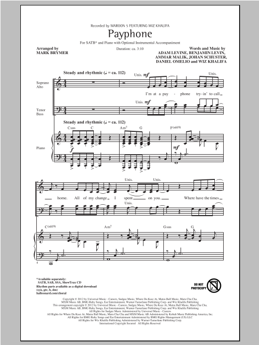 Maroon 5 Payphone (arr. Mark Brymer) Sheet Music Notes & Chords for SATB - Download or Print PDF