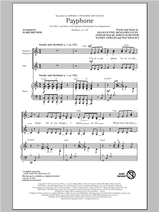 Maroon 5 Payphone (arr. Mark Brymer) Sheet Music Notes & Chords for SSA - Download or Print PDF Maroon 5 Payphone (arr. Mark Brymer) Sheet Music Notes & Chords for SSA - Download or Print PDF