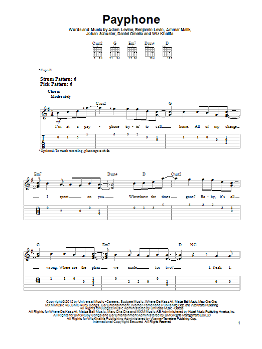 Maroon 5 Payphone Sheet Music Notes & Chords for Easy Guitar Tab - Download or Print PDF