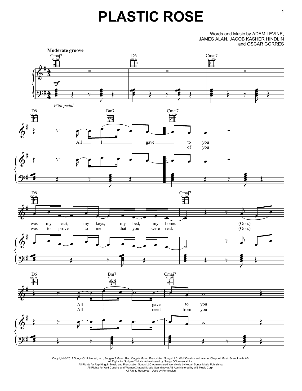 Maroon 5 Plastic Rose Sheet Music Notes & Chords for Piano, Vocal & Guitar (Right-Hand Melody) - Download or Print PDF